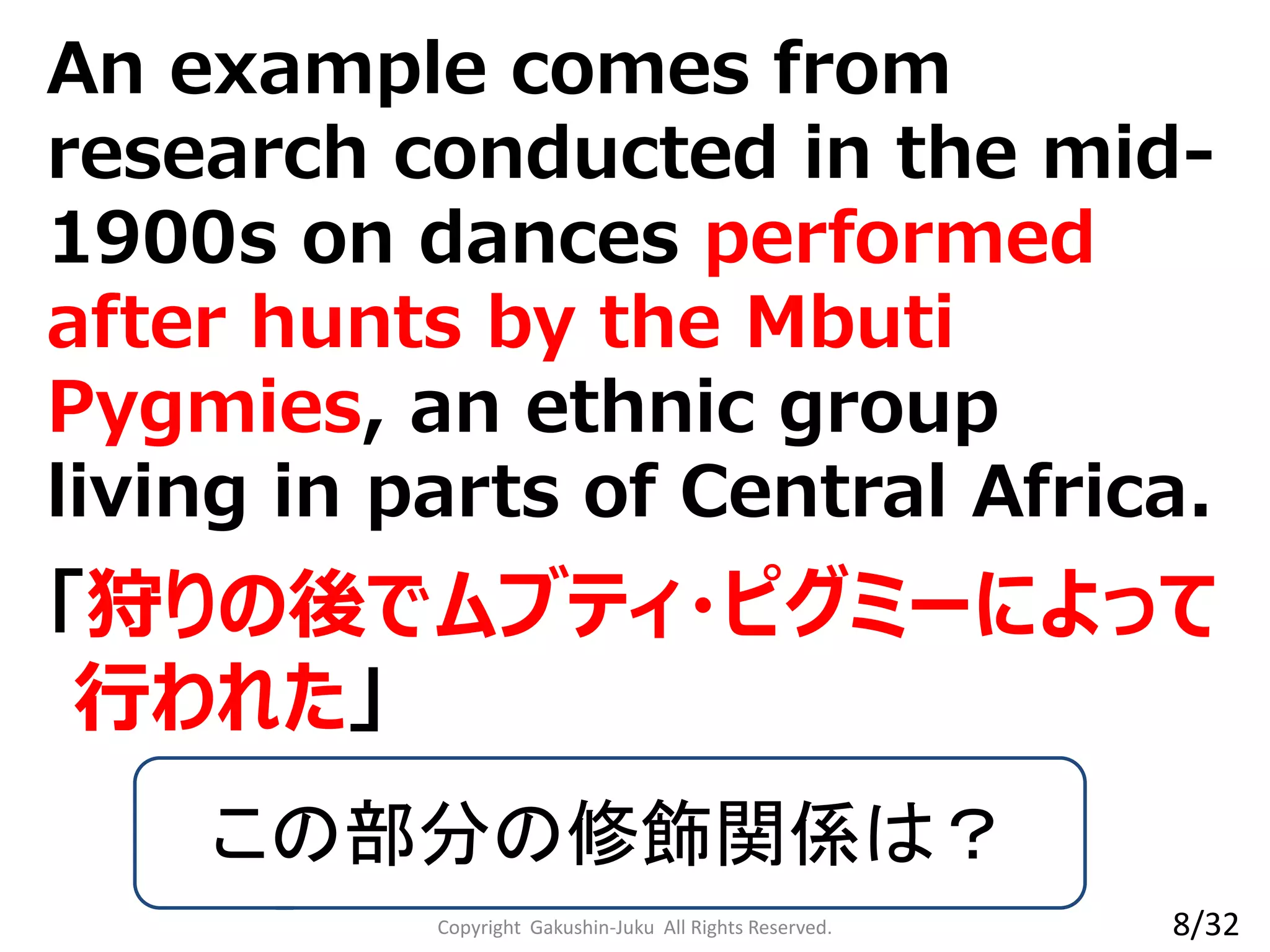 An example comes from
research conducted in the mid-
1900s on dances performed
after hunts by the Mbuti
Pygmies, an ethnic group
living in parts of Central Africa.
Copyright Gakushin-Juku All Rights Reserved.
「狩りの後でムブティ・ピグミーによって
行われた」
この部分の修飾関係は？
8/32
 