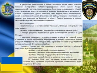 В результате деятельности в рамках областной акции «Вахта памяти»
пополнен материалами историко-краеведческий музей школы. Создан
видеофильм об участии в областных акциях «Памятники рассказывают», «Живой
голос ветеранов». «Детство опаленное войной». Видеофильм и материалы о
памяти 13 десантников сданы в областной штаб. Ведется работа по заполнению
анкет на ветеранов Великой Отечественной войны, умерших в послевоенный
период, для внесения их фамилий в «Книгу Памяти Украины» в рамках
областной операции «мы помним ваши имена».
Были проведены:
- воспитательные часы «Шел солдат по улице», «Это надо не мертвым – это
надо живым»;
- конкурс тематических газет на тему «Вы подарили нам мирное небо»;
- конкурс рисунков, посвященные Дню освобождения Донбасса и Дню
Победы»;
- ежегодно проводится легкоатлетическая эстафета по главной улице
г.Угледара и другие спортивные мероприятия в которых принимают участие
учащиеся Угледарского УВК. Перед началом соревнований слово предоставляется
ветеранам Великой Отечественной войны.
Учащиеся Угледарского УВК принимают активное участие в областной
финальной игре «Будущий воин»;
- конкурс стихотворений «это нужно живым»;
- выставка цветочных композиций «мир без войны и насилия»;
- выставка плакатов «Будущие защитники Отечества»;
- экскурсии в музей «Никто не забыт, ничто не забыто».
21 февраля 2014 года школьным военно-патриотическим
штабом был проведен городской праздник посвященный Дню
Защитника Отечества.
 