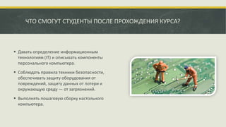 ЧТО СМОГУТ СТУДЕНТЫ ПОСЛЕ ПРОХОЖДЕНИЯ КУРСА?
 Давать определение информационным
технологиям (IT) и описывать компоненты
персонального компьютера.
 Соблюдать правила техники безопасности,
обеспечивать защиту оборудования от
повреждений, защиту данных от потери и
окружающую среду — от загрязнений.
 Выполнять пошаговую сборку настольного
компьютера.
 