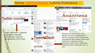 Твіттер. @Arhivbiblioteki Ludmila Ponkratova
Сервіс статистики – дозволяє
слідкувати за змінами,
пов’язаними з кількістю
послідовників, твіттів тощо.
Дозволяє нам переглядати повну
картину усіх змін, які відбуваються у
Твіттері: перегляд стрічки повідомлень
послідовників (фолловерів), зміни (нові
публікації) у створених списках,
управління приватними і публічними
повідомленнями у реальному часі та
інші…
 