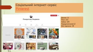 Соціальний інтернет-сервіс
Pinterest
Дошки: 11
Піни: 215
Лайки: 105
Передплатників:12
Мої підписки: 38
 