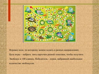 Игровое поле, по которому можно ходить в разных направлениях.
Цель игры – набрать пять карточек разной тематики, чтобы получить
Экобонус в 100 единиц. Победитель – игрок, набравший наибольшее
количество экобонусов.
 