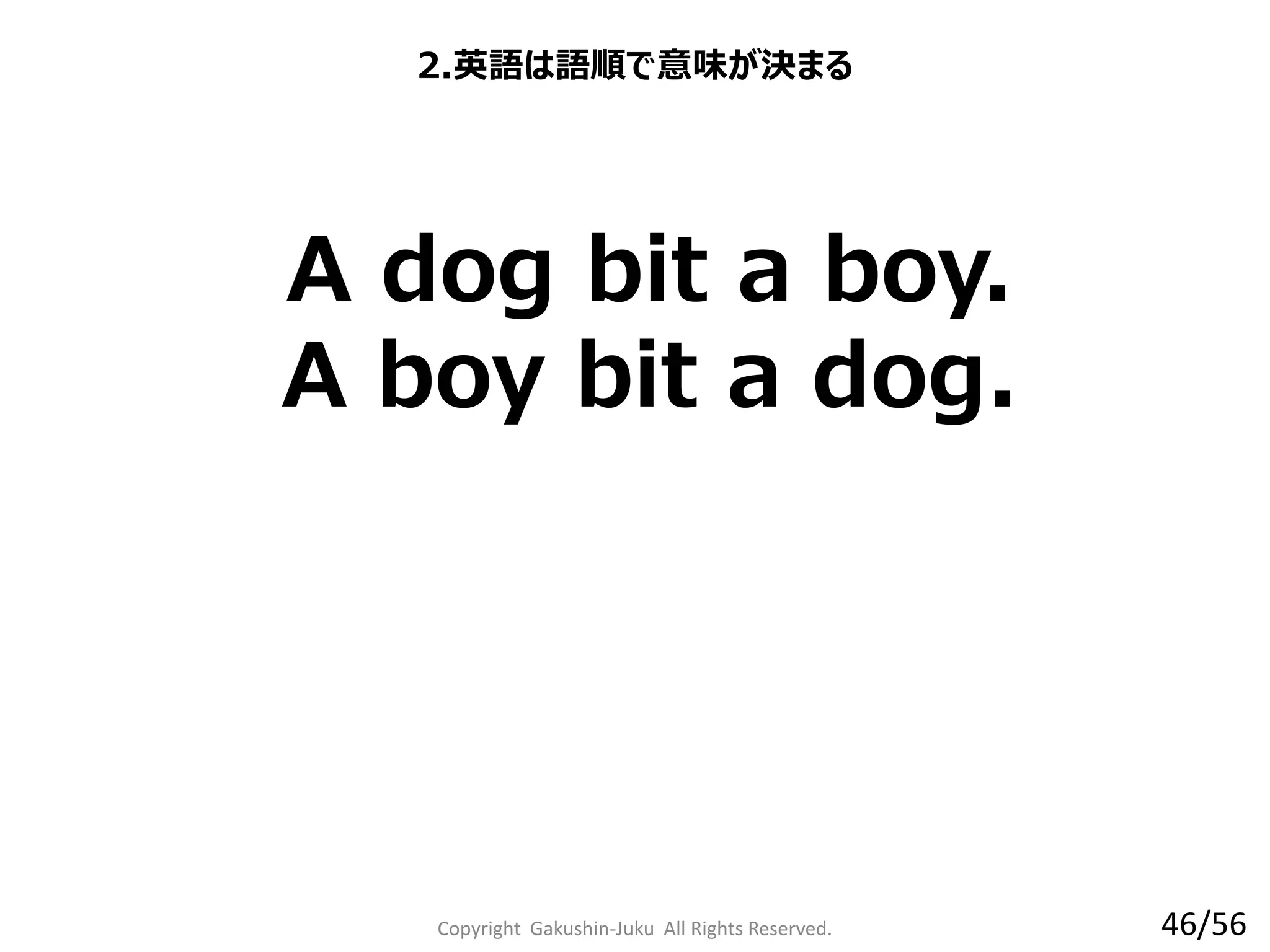Copyright Gakushin-Juku All Rights Reserved.
2.英語は語順で意味が決まる
A dog bit a boy.
A boy bit a dog.
46/56
 