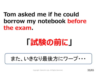 「試験の前に」
Tom asked me if he could
borrow my notebook before
the exam.
また、いきなり最後方にワープ・・・
Copyright Gakushin-Juku All Rights Reserved. 33/65
 