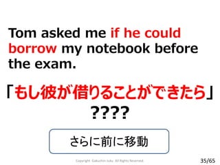 「もし彼が借りることができたら」
????
Tom asked me if he could
borrow my notebook before
the exam.
さらに前に移動
Copyright Gakushin-Juku All Rights Reserved. 35/65
 