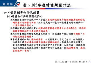 四、個案輔導作法及經費
24
壹、105年度計畫規劃作法
10.獲補助業者於計畫執行中，若因工業局所編列之年度補助預算被刪除或
刪減等不可歸責之因素，致不足支應本計畫之個案計畫政府補助款時，
工業局得終止契約。
11.獲補助業者於補助計畫之創新或研究發展成果產生之日起2年內，不得於
我國管轄區域外生產或使用該成果。
12.獲本計畫補助所開發之新產品外銷時，因故遭國外政府課徵平衡稅，不
得向政府要求補償。
13.本計畫補助所為之通知或要求，以現行通用之方式（包括：郵局掛號、
快遞等）將正式書面送達申請書所列聯絡處所，即視為已送達當事人，
並且不因實際住居所或營業地有所變更而受影響，如有拒收、遷址不明
或其他原因至無法送達時，視為於郵寄時已送達。倘地址變更時，應以
書面通知工業局。
(七)計畫執行與結案階段(3/4)
注意：以上尚在規劃中，需依經濟部工業局公告為準
 