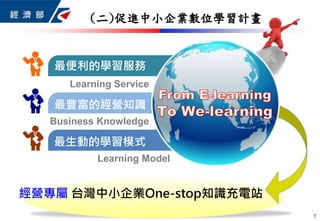 7
(二)促進中小企業數位學習計畫
經營專屬 台灣中小企業One-stop知識充電站
最生動的學習模式
最豐富的經營知識
最便利的學習服務
Learning Service
Business Knowledge
Learning Model
 