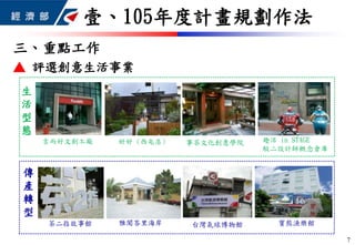 7
7
生
活
型
態
茶二指故事館
事茶文化創意學院
寶熊漁樂館台灣氣球博物館
傳
產
轉
型
趣活 in STAGE
駁二設計師概念倉庫
吉而好文創工廠
雅聞峇里海岸
好好 (西屯店)
三、重點工作
▲ 評選創意生活事業
壹、105年度計畫規劃作法
 