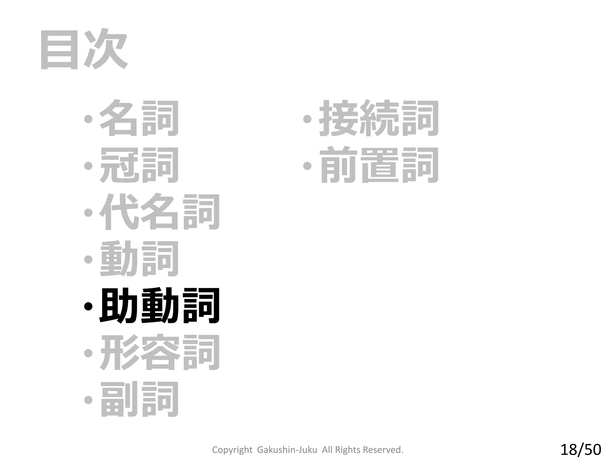 ・名詞
・冠詞
・代名詞
・動詞
・助動詞
・形容詞
・副詞
・接続詞
・前置詞
目次
Copyright Gakushin-Juku All Rights Reserved. 18/50
 