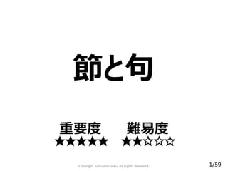 節と句
重要度 難易度
★★★★★ ★★☆☆☆
Copyright Gakushin-Juku All Rights Reserved. 1/59
 