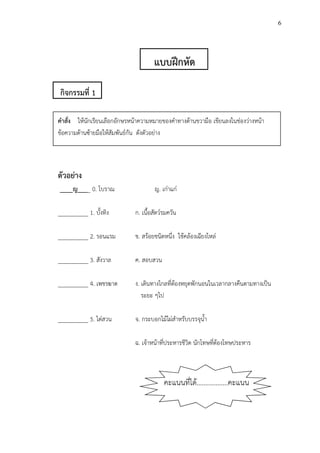 6
แบบฝึกหัด
กิจกรรมที่ 1
คําสั่ง ให้นักเรียนเลือกอักษรหน้าความหมายของคําทางด้านขวามือ เขียนลงในช่องว่างหน้า
ข้อความด้านซ้ายมือให้สัมพันธ์กัน ดังตัวอย่าง
ตัวอย่าง
____ญ____ 0. โบราณ ญ. เก่าแก่
__________ 1. บั้งทิง ก. เนื้อสัตว์รมควัน
__________ 2. รอนแรม ข. สร้อยชนิดหนึ่ง ใช้คล้องเฉียงไหล่
__________ 3. สังวาล ค. สอบสวน
__________ 4. เพชรฆาต ง. เดินทางไกลที่ต้องหยุดพักนอนในเวลากลางคืนตามทางเป็น
ระยะ ๆไป
__________ 5. ไต่สวน จ. กระบอกไม้ไผ่สําหรับบรรจุน้ํา
ฉ. เจ้าหน้าที่ประหารชีวิต นักโทษที่ต้องโทษประหาร
คะแนนที่ได้..................คะแนน
 