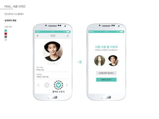 11:30 100%
너랑 나랑 콩 키우자
박샬라님과 박서준님이 서로 좋아합니다
프로필 탐색 계속하기
메세지 보내기
이름 (성별)
박서준 (남)
생년월일
1985년 7월 25일
11:30 100%
Color Chip
FINAL_ 최종 디자인
안드로이드 디스플레이
상대와의 매칭
좋아요 누르기
 