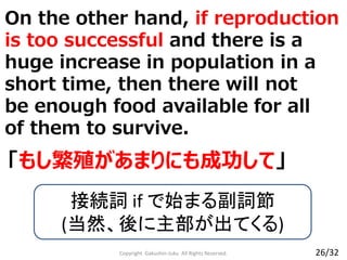 On the other hand, if reproduction
is too successful and there is a
huge increase in population in a
short time, then there will not
be enough food available for all
of them to survive.
Copyright Gakushin-Juku All Rights Reserved.
「もし繁殖があまりにも成功して」
接続詞 if で始まる副詞節
(当然、後に主部が出てくる)
26/32
 