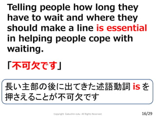 Copyright Gakushin-Juku All Rights Reserved.
Telling people how long they
have to wait and where they
should make a line is essential
in helping people cope with
waiting.
「不可欠です」
長い主部の後に出てきた述語動詞 is を
押さえることが不可欠です
16/29
 