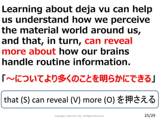 Copyright Gakushin-Juku All Rights Reserved.
「～についてより多くのことを明らかにできる」
25/29
that (S) can reveal (V) more (O) を押さえる
Learning about deja vu can help
us understand how we perceive
the material world around us,
and that, in turn, can reveal
more about how our brains
handle routine information.
 
