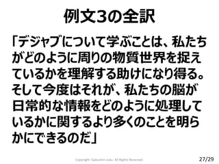 「デジャブについて学ぶことは、私たち
がどのように周りの物質世界を捉え
ているかを理解する助けになり得る。
そして今度はそれが、私たちの脳が
日常的な情報をどのように処理して
いるかに関するより多くのことを明ら
かにできるのだ」
Copyright Gakushin-Juku All Rights Reserved.
例文3の全訳
27/29
 