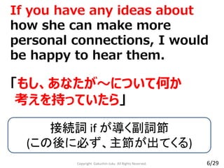 If you have any ideas about
how she can make more
personal connections, I would
be happy to hear them.
Copyright Gakushin-Juku All Rights Reserved.
「もし、あなたが～について何か
考えを持っていたら」
接続詞 if が導く副詞節
(この後に必ず、主節が出てくる)
6/29
 