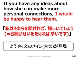 If you have any ideas about
how she can make more
personal connections, I would
be happy to hear them.
Copyright Gakushin-Juku All Rights Reserved.
「私はそれらを聞ければ、嬉しいでしょう
(=お聞かせいただければ幸いです)」
ようやく文のメイン(主節)が登場
8/29
 