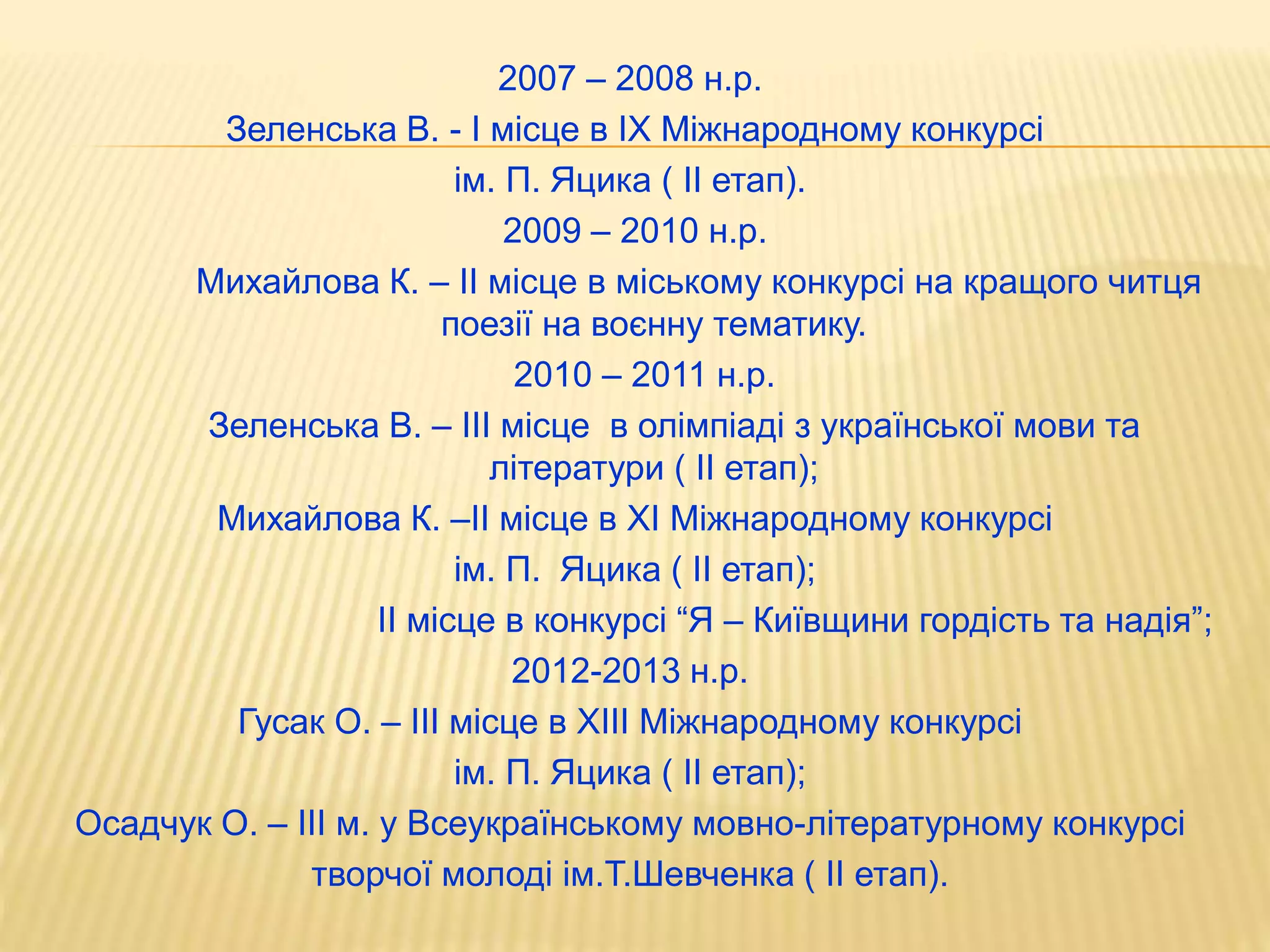 2007 – 2008 н.р.
Зеленська В. - І місце в ІХ Міжнародному конкурсі
ім. П. Яцика ( ІІ етап).
2009 – 2010 н.р.
Михайлова К. – ІІ місце в міському конкурсі на кращого читця
поезії на воєнну тематику.
2010 – 2011 н.р.
Зеленська В. – ІІІ місце в олімпіаді з української мови та
літератури ( ІІ етап);
Михайлова К. –ІІ місце в ХІ Міжнародному конкурсі
ім. П. Яцика ( ІІ етап);
ІІ місце в конкурсі “Я – Київщини гордість та надія”;
2012-2013 н.р.
Гусак О. – ІІІ місце в ХІІІ Міжнародному конкурсі
ім. П. Яцика ( ІІ етап);
Осадчук О. – ІІІ м. у Всеукраїнському мовно-літературному конкурсі
творчої молоді ім.Т.Шевченка ( ІІ етап).
 