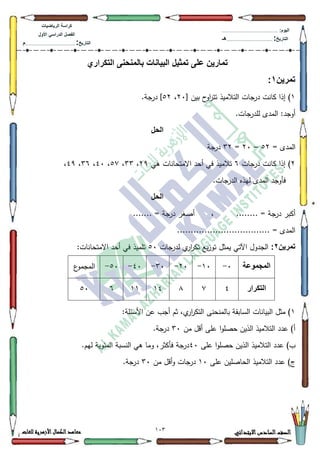 143 ‫االبتدائي‬‫السادس‬‫الصف‬‫للغات‬ ‫األزهرية‬‫الكمال‬‫معاهد‬
‫كراس‬‫ة‬‫الرٌاضٌات‬
‫األول‬ ً‫الدراس‬ ‫الفصل‬
‫التارٌخ‬:.............................................................................................‫م‬
:‫الٌوم‬.........................................................................................................
‫التارٌخ‬:......................................................................................‫هـ‬
‫التكراري‬ ‫بالمنحنى‬ ‫البٌانات‬ ‫تمثٌل‬ ‫على‬ ‫تمارٌن‬
‫تمرٌن‬1:
4‫درجات‬ ‫كانت‬ ‫إذا‬ )[ ‫بيف‬ ‫ح‬‫اك‬‫ر‬‫تت‬ ‫التالميذ‬53،85.‫درجة‬ ]
.‫لمدرجات‬ ‫المدل‬ :‫أكجد‬
‫الحل‬
= ‫المدل‬85–53=65‫درجة‬
5‫درجات‬ ‫كانت‬ ‫إذا‬ )9‫ىي‬ ‫االمتحانات‬ ‫أحد‬ ‫في‬ ‫تالميذ‬5<،66،8:،73،69،7<،
.‫الدرجات‬ ‫ليذه‬ ‫المدل‬ ‫فأكجد‬
‫الحل‬
........ = ‫درجة‬ ‫أكبر‬،....... = ‫درجة‬ ‫أصغر‬
.................................. = ‫المدل‬
‫تمرٌن‬2:‫لدرجات‬ ‫م‬‫ار‬‫ر‬‫تك‬ ‫يع‬‫ز‬‫تك‬ ‫يمثؿ‬ ‫اآلتي‬ ‫الجدكؿ‬83:‫االمتحانات‬ ‫أحد‬ ‫في‬ ‫تمميذ‬
‫المجموعة‬3-43-53-63-73-83-‫الم‬‫ع‬‫جمك‬
‫التكرار‬7:;4744983
4:‫األسئمة‬ ‫عف‬ ‫أجب‬ ‫ثـ‬ ،‫م‬‫ار‬‫ر‬‫التك‬ ‫بالمنحنى‬ ‫السابقة‬ ‫البيانات‬ ‫مثؿ‬ )
‫مف‬ ‫أقؿ‬ ‫عمى‬ ‫ا‬‫ك‬‫حصم‬ ‫الذيف‬ ‫التالميذ‬ ‫عدد‬ )‫أ‬63.‫درجة‬
‫عمى‬ ‫ا‬‫ك‬‫حصم‬ ‫الذيف‬ ‫التالميذ‬ ‫عدد‬ )‫ب‬73.‫ليـ‬ ‫المئكية‬ ‫النسبة‬ ‫ىي‬ ‫كما‬ ،‫فأكثر‬ ‫درجة‬
‫عمى‬ ‫الحاصميف‬ ‫التالميذ‬ ‫عدد‬ )‫ج‬43‫درجات‬‫مف‬ ‫أقؿ‬‫ك‬63.‫درجة‬
 