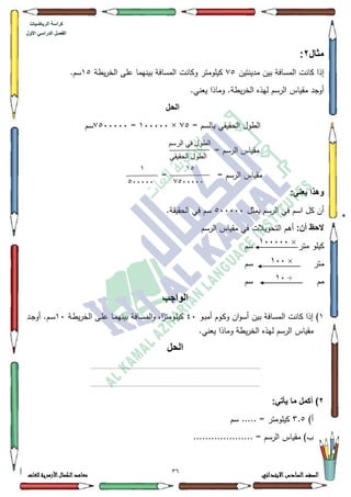 31 ‫االبتدائي‬‫السادس‬‫الصف‬‫للغات‬ ‫األزهرية‬‫الكمال‬‫معاهد‬
‫كراس‬‫ة‬‫الرٌاضٌات‬
‫األول‬ ً‫الدراس‬ ‫الفصل‬
‫مثال‬2:
‫مدينتيف‬ ‫بيف‬ ‫المسافة‬ ‫كانت‬ ‫إذا‬:8‫يطة‬‫ر‬‫الخ‬ ‫عمى‬ ‫بينيما‬ ‫المسافة‬ ‫ككانت‬ ‫كيمكمتر‬48.‫سـ‬
.‫يعني‬ ‫كماذا‬ .‫يطة‬‫ر‬‫الخ‬ ‫ليذه‬ ‫الرسـ‬ ‫مقياس‬ ‫أكجد‬
‫الحل‬
= ‫بالسـ‬ ‫الحقيقي‬ ‫الطكؿ‬:8×433333=:833333‫سـ‬
= ‫الرسـ‬ ‫مقياس‬
‫مقياس‬= ‫الرسـ‬=
:ً‫ٌعن‬ ‫وهذا‬
‫يمثؿ‬ ‫الرسـ‬ ‫في‬ ‫اسـ‬ ‫كؿ‬ ‫أف‬833333.‫الحقيقة‬ ‫في‬ ‫سـ‬
:‫أن‬ ‫الحظ‬‫الرسـ‬ ‫مقياس‬ ‫في‬ ‫التحكيالت‬ ‫أىـ‬
‫متر‬ ‫كيمك‬‫سـ‬
‫متر‬‫سـ‬
‫مـ‬‫سـ‬
‫الواجب‬
4‫ب‬ ‫المسافة‬ ‫كانت‬ ‫إذا‬ )‫ػك‬‫ب‬‫أم‬ ‫ػكـ‬‫ك‬‫ك‬ ‫اف‬‫ك‬‫أس‬ ‫يف‬73‫الخر‬ ‫ػى‬‫م‬‫ع‬ ‫ػا‬‫م‬‫بيني‬ ‫ػافة‬‫س‬‫الم‬‫ك‬ ،‫ا‬‫ن‬‫ػكمتر‬‫م‬‫كي‬‫ػة‬‫ط‬‫ي‬43‫ػد‬‫ج‬‫أك‬ .‫ػـ‬‫س‬
.‫يعني‬ ‫كماذا‬ ‫يطة‬‫ر‬‫الخ‬ ‫ليذه‬ ‫الرسـ‬ ‫مقياس‬
‫الحل‬
.................................................................................................................
.................................................................................................................
2:ً‫ٌأت‬ ‫ما‬ ‫أكمل‬ )
)‫أ‬6.8‫سـ‬ ..... = ‫كيمكمتر‬
.................... = ‫الرسـ‬ ‫مقياس‬ )‫ب‬
‫انرسى‬ ‫في‬ ‫انطىل‬
‫انحقيقي‬ ‫انطىل‬
12
2244444
1
244444
×144444
×144
÷14
 