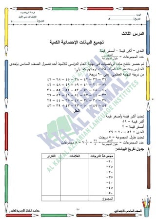 92 ‫االبتدائي‬‫السادس‬‫الصف‬‫للغات‬ ‫األزهرية‬‫الكمال‬‫معاهد‬
‫كراس‬‫ة‬‫الرٌاضٌات‬
‫األول‬ ً‫الدراس‬ ‫الفصل‬
‫التارٌخ‬:.............................................................................................‫م‬
:‫الٌوم‬.........................................................................................................
‫التارٌخ‬:......................................................................................‫هـ‬
‫الثالث‬ ‫الدرس‬
‫الكمٌة‬ ‫اإلحصائٌة‬ ‫البٌانات‬ ‫تجمٌع‬
‫قيمة‬ ‫أكبر‬ = ‫المدل‬–‫قيمة‬ ‫أصغر‬
= ‫المجمكعات‬ ‫عدد‬
‫ػدل‬‫ػ‬‫ح‬‫بإ‬ ‫ػادس‬‫ػ‬‫س‬‫ال‬ ‫ػؼ‬‫ػ‬‫ص‬‫ال‬ ‫ػكؿ‬‫ػ‬‫ص‬‫ف‬ ‫ػد‬‫ػ‬‫ح‬‫أ‬ ‫ػذ‬‫ػ‬‫ي‬‫لتالم‬ ‫ػي‬‫ػ‬‫س‬‫ا‬‫ر‬‫الد‬ ‫ػاـ‬‫ػ‬‫ع‬‫ال‬ ‫ػة‬‫ػ‬‫ي‬‫نيا‬ ‫ػي‬‫ػ‬‫ف‬ ‫ػيات‬‫ػ‬‫ض‬‫يا‬‫ر‬‫ال‬ ‫ػادة‬‫ػ‬‫م‬ ‫ػائج‬‫ػ‬‫ت‬‫ن‬ ‫ػر‬‫ػ‬‫ص‬‫ح‬ ‫ػـ‬‫ػ‬‫ت‬
‫كعددىـ‬ ‫المدارس‬75:‫يمي‬ ‫كما‬ ‫درجاتيـ‬ ‫فكانت‬ ،‫ا‬‫ن‬‫ذ‬‫تممي‬
،‫العظمى‬ ‫النياية‬ ‫درجة‬ ‫مف‬‫كىي‬93:‫درجة‬
69–65–75–6;–78–5;–75
8:–53–74–8<–7<–7;–79
73–7;–84–86–87–88–69
66–77–8:–87–79–85–59
6:–63–67–7:–68–77–5<
7<–7<–83–56–76–6<–76
‫الحل‬
‫تح‬‫قيمة‬ ‫أصغر‬‫ك‬ ‫قيمة‬ ‫أكبر‬ ‫ديد‬
= ‫قيمة‬ ‫أكبر‬8<
= ‫قيمة‬ ‫أصغر‬5
= ‫المدل‬8<–53=6<
= ‫المجمكعة‬ ‫طكؿ‬ ‫تحديد‬8‫درجات‬
= = = ‫المجمكعات‬ ‫عدد‬:=;‫مجمكعات‬
:‫البٌانات‬ ‫تفرٌغ‬ ‫جدول‬
‫الدرجات‬ ‫مجموعة‬‫العالمات‬‫التكرار‬
53-
58-
63-
68-
73-
78-
83-
‫ع‬‫المجمك‬
‫انًذي‬
‫انًجًىعح‬ ‫طىل‬
‫انًذي‬
‫انًجًىعح‬ ‫طىل‬
39
2
0
2
 