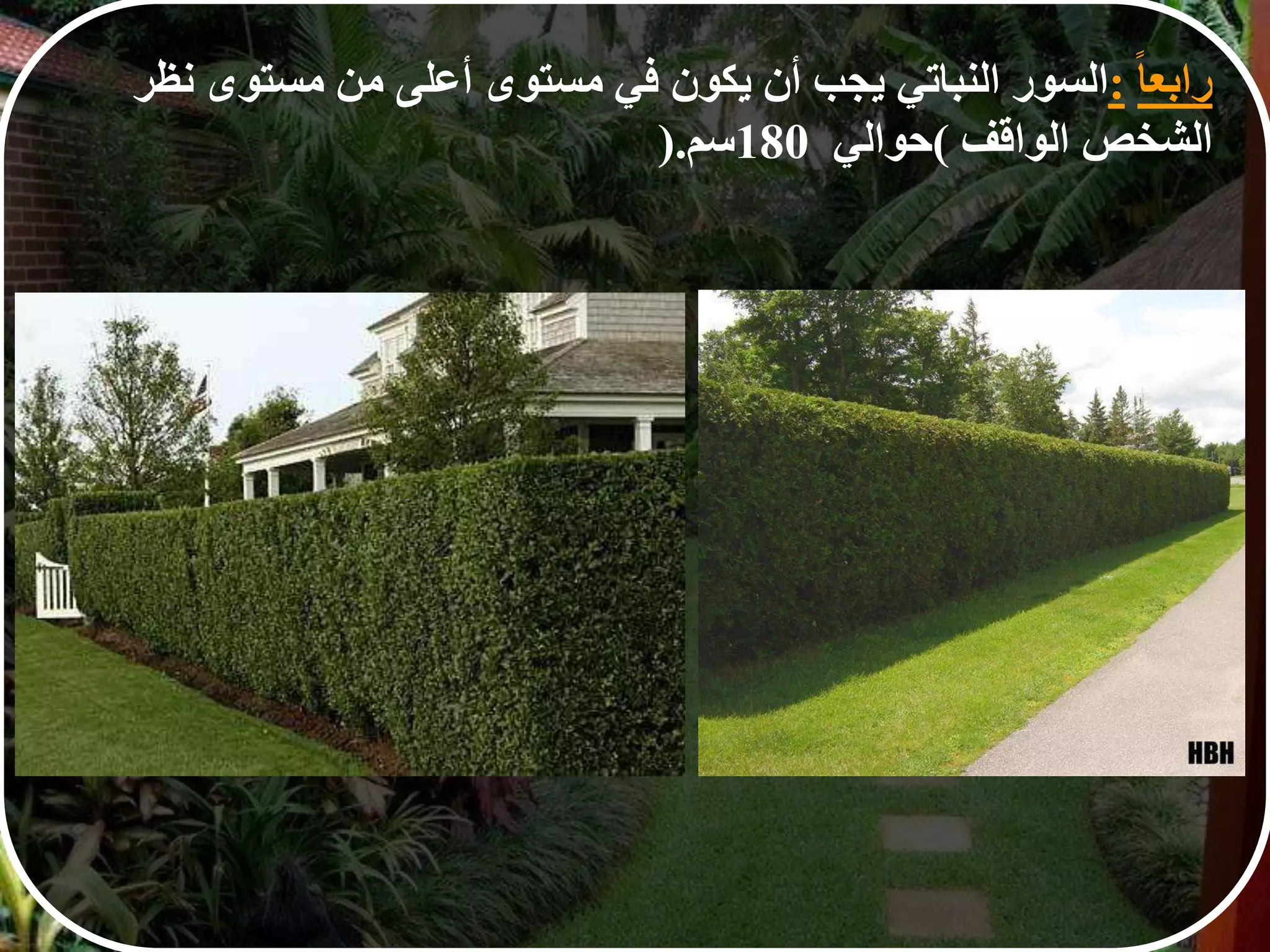 ‫ا‬‫ا‬‫رابع‬:‫السور‬‫النباتي‬‫يجب‬‫أن‬‫يكون‬‫في‬‫مستوى‬‫أعلى‬‫من‬‫مستوى‬‫نظر‬
‫الشخص‬‫الواقف‬(‫حوالي‬180‫سم‬).
 