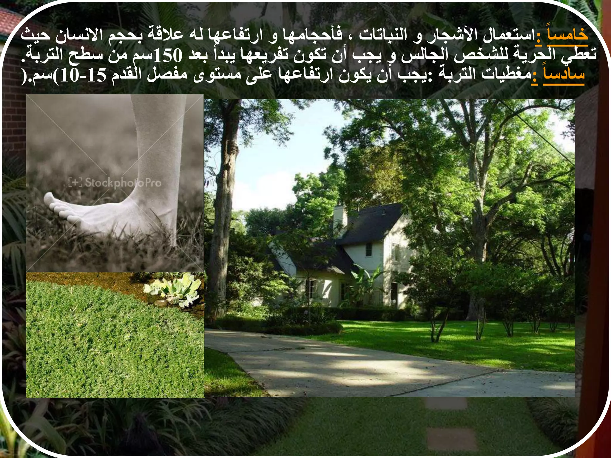 ‫ا‬‫ا‬‫خامس‬:‫استعمال‬‫األشجار‬‫و‬‫النباتات‬،‫فأحجامها‬‫و‬‫ارتفاعها‬‫له‬‫عالقة‬‫بحجم‬‫النسان‬‫حي‬‫ث‬
‫تعطي‬‫الحرية‬‫للشخص‬‫الجالس‬‫و‬‫يجب‬‫أن‬‫تكون‬‫تفريعها‬‫يبدأ‬‫بعد‬150‫سم‬‫من‬‫سطح‬‫التربة‬.
‫ا‬‫ا‬‫سادس‬:‫مغطيات‬‫التربة‬:‫يجب‬‫أن‬‫يكون‬‫ارتفاعها‬‫على‬‫مستوى‬‫مفصل‬‫القدم‬(10-15‫سم‬).
 