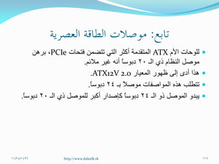 ‫األم‬ ‫للوحات‬ATX‫فتحات‬ ‫تتضمن‬ ‫التي‬ ‫أكثر‬ ‫المتقدمة‬PCIe،‫برهن‬
‫ذي‬ ‫النظام‬ ‫موصل‬‫الـ‬20‫مالئم‬ ‫غير‬ ‫أنه‬ ً‫ا‬‫دبوس‬.
‫المعيار‬ ‫ظهور‬ ‫إلى‬ ‫أدى‬ ‫هذا‬ATX12V 2.0.
ً‫ال‬‫موص‬ ‫المواصفات‬ ‫هذه‬ ‫تتطلب‬‫بـ‬24ً‫ا‬‫دبوس‬.
‫ذو‬ ‫الموصل‬ ‫يبدو‬‫الـ‬24‫ذي‬ ‫للموصل‬ ‫أكبر‬ ‫كإصدار‬ ً‫ا‬‫دبوس‬‫الـ‬20ً‫ا‬‫دبوس‬.
11/24/1436 117http://www.daleelk.tk
 