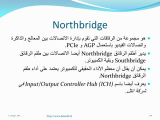 Northbridge
‫والذاكرة‬ ‫المعالج‬ ‫بين‬ ‫االتصاالت‬ ‫بإدارة‬ ‫تقوم‬ ‫التي‬ ‫الرقاقات‬ ‫من‬ ‫مجموعة‬ ‫هو‬
‫باستعمال‬ ‫الفيديو‬ ‫واتصاالت‬AGP‫و‬PCIe.
‫الرقائق‬ ‫أطقم‬ ‫يدير‬Northbridge‫الرقائق‬ ‫طقم‬ ‫بين‬ ‫االتصاالت‬ ‫أيضا‬
Southbridge‫الكمبيوتر‬ ‫وبقية‬.
‫األداء‬ ‫معظم‬ ‫أن‬ ‫يقال‬ ‫أن‬ ‫يمكن‬‫الحقيقي‬‫طقم‬ ‫أداء‬ ‫على‬ ‫يعتمد‬ ‫للكمبيوتر‬
‫الرقائق‬Northbridge.
‫باسم‬ ‫أيضا‬ ‫يعرف‬Input/Output Controller Hub (ICH)‫في‬
‫شركة‬‫انتل‬.
11/24/1436 53http://www.daleelk.tk
 
