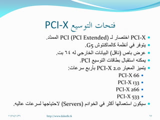 PCI-X
PCI-X‫لـ‬ ‫اختصار‬(PCI Extended)PCI‫ّد‬‫د‬‫المم‬.
‫أنظمة‬ ‫في‬ ‫يتوفر‬‫كالماكنتوش‬G5.
‫عرض‬‫باص‬(‫ناقل‬)‫له‬ ‫الخارجي‬ ‫البيانات‬64‫بت‬.
‫التوسيع‬ ‫بطاقات‬ ‫استقبال‬ ‫يمكنه‬PCI.
‫المعيار‬ ‫يتميز‬PCI-X 2.0‫بأربع‬‫سرعات‬:
PCI-X 66
PCI-X 133
PCI-X 266
PCI-X 533
‫في‬ ‫أكثر‬ ‫استعمالها‬ ‫سيكون‬‫الخوادم‬(Servers)‫عاليه‬ ‫لسرعات‬ ‫الحتياجها‬.
11/24/1436 67http://www.daleelk.tk
 