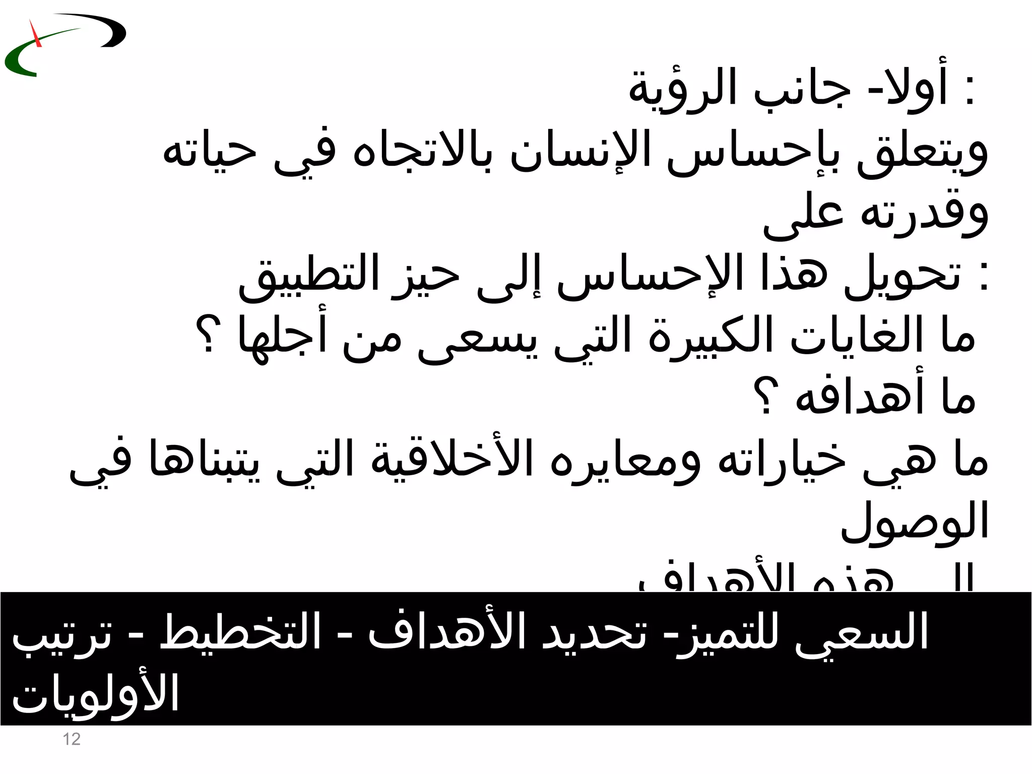 12
‫الرؤية‬ ‫جانب‬ - ‫أول‬ :
‫في‬ ‫بالتجاه‬ ‫النسان‬ ‫بإحساس‬ ‫ويتعلق‬‫حياته‬
‫على‬ ‫وقدرته‬
‫التطبيق‬ ‫حيز‬ ‫إلى‬ ‫الحساس‬ ‫هذا‬ ‫تحويل‬ :
‫من‬ ‫يسعى‬ ‫التي‬ ‫الكبيرة‬ ‫الغايات‬ ‫ما‬‫أ‬‫؟‬ ‫جلها‬
‫؟‬ ‫أهدافه‬ ‫ما‬
‫الخلقية‬ ‫ومعايره‬ ‫خياراته‬ ‫هي‬ ‫ما‬‫ا‬‫ل‬‫ت‬‫في‬ ‫يتبناها‬ ‫ي‬
‫الوصول‬
‫الهداف‬ ‫هذه‬ ‫.إلى‬
‫للتميز‬ ‫السعي‬- ‫الهداف‬ ‫تحديد‬- ‫التخطيط‬- ‫ترتيب‬
‫الولويات‬
 