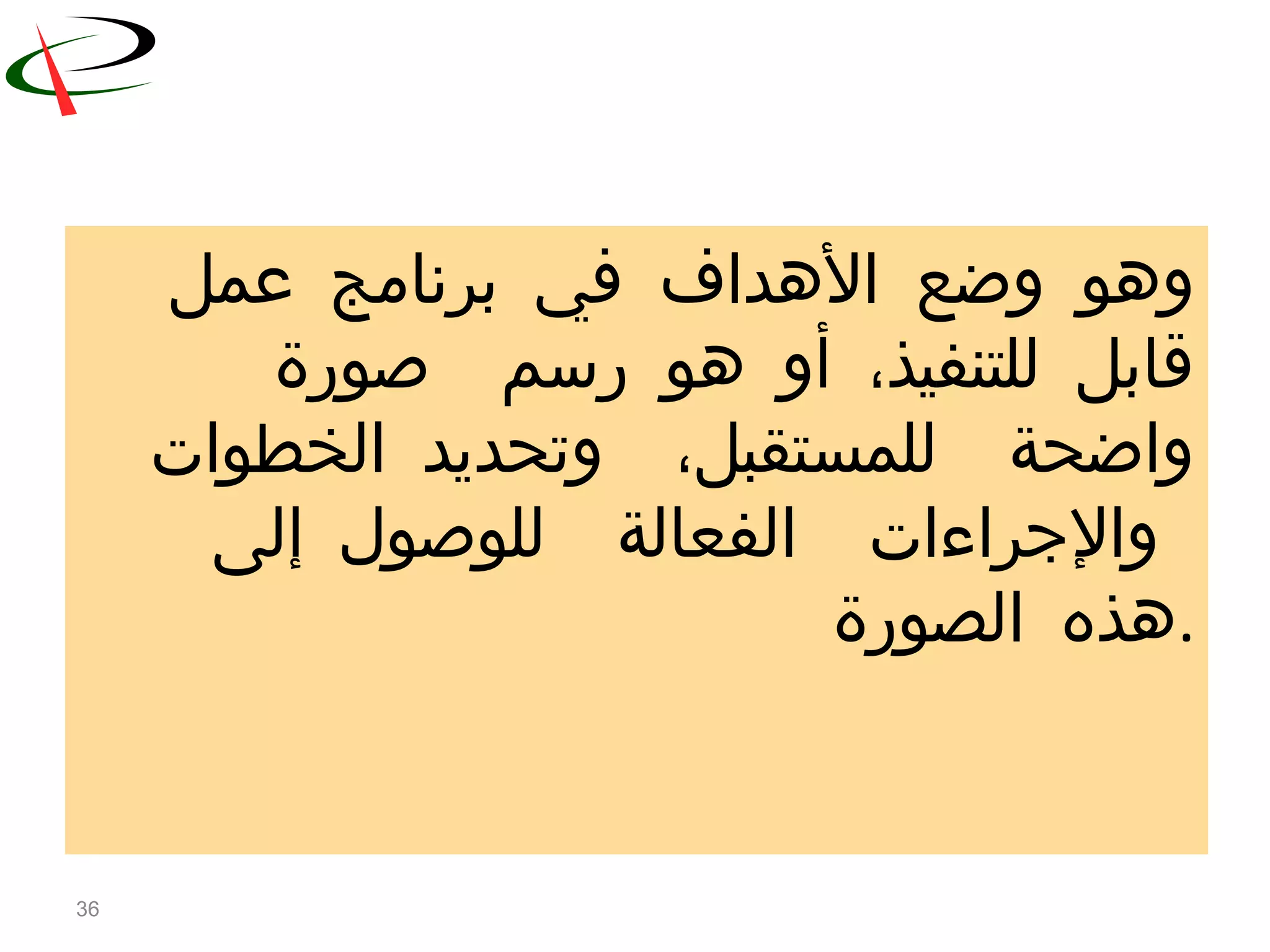36
‫عمل‬ ‫برنامج‬ ‫في‬ ‫الهداف‬ ‫وضع‬ ‫وهو‬
‫صورة‬ ‫رسم‬ ‫هو‬ ‫أو‬ ،‫للتنفيذ‬ ‫قابل‬
‫الخطوات‬ ‫وتحديد‬ ،‫للمستقبل‬ ‫واضحة‬
‫إلى‬ ‫للوصول‬ ‫الفعالة‬ ‫والجراءات‬
‫الصورة‬ ‫.هذه‬
 