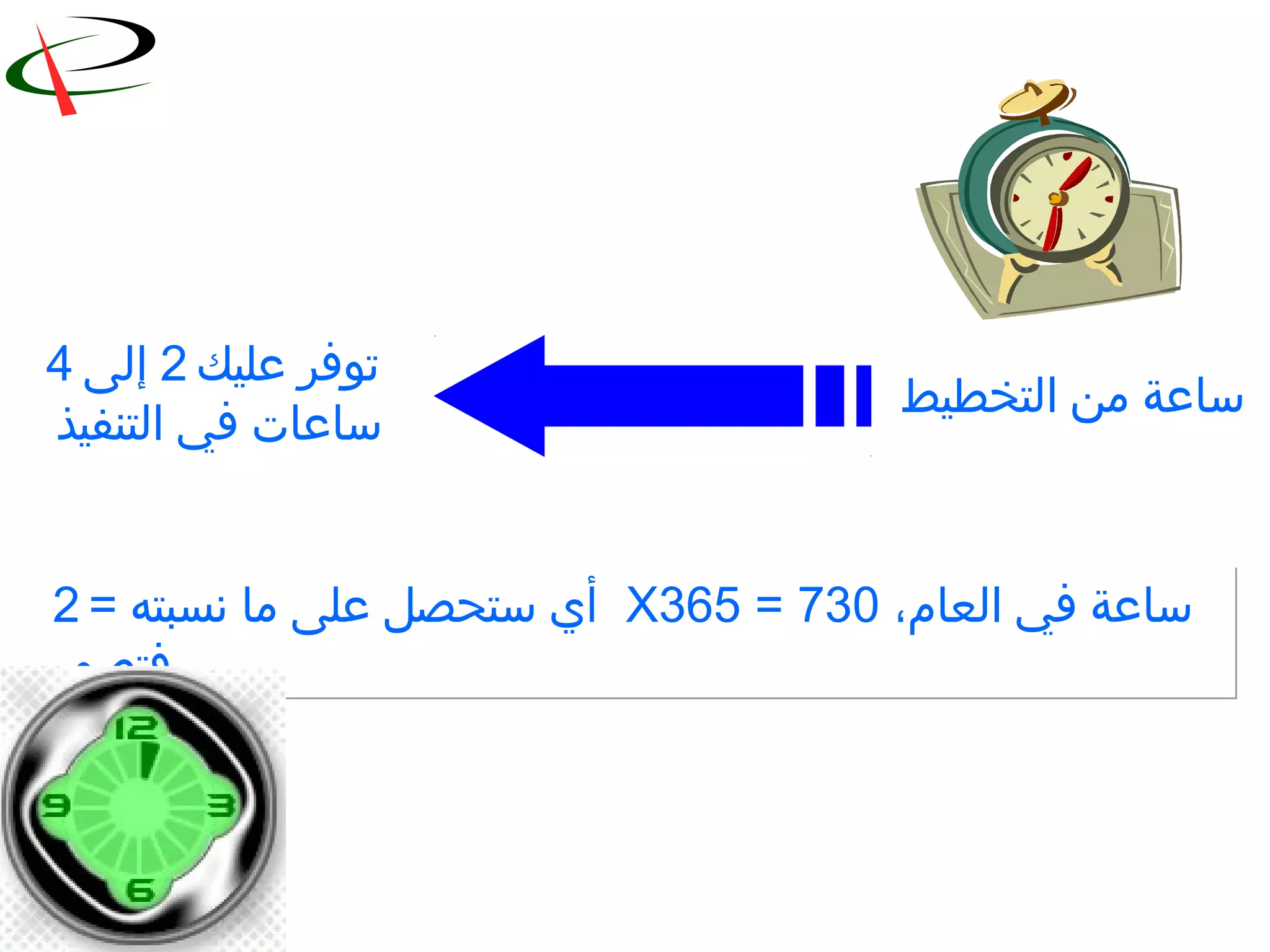 48
‫التخطيط‬ ‫من‬ ‫ساعة‬
‫عليك‬ ‫توفر‬2‫إلى‬4
‫التنفيذ‬ ‫في‬ ‫ساعات‬
‫ما‬ ‫على‬ ‫ستحصل‬ ‫أي‬= ‫نسبته‬2 X365 = 730 ‫العام‬ ‫في‬ ‫ساعة‬،
‫فتصور‬
‫ما‬ ‫على‬ ‫ستحصل‬ ‫أي‬= ‫نسبته‬2 X365 = 730 ‫العام‬ ‫في‬ ‫ساعة‬،
‫فتصور‬
 