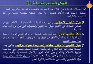 ‫للصيانة‬ ‫التنظيمي‬ ‫الهيكل‬(1)
‫تنفذ‬‫عمليات‬‫الصيانة‬‫من‬‫خالل‬‫وحدة‬‫صيانة‬‫متخصصة‬‫لخدمة‬‫ية‬‫ر‬‫ا‬‫ر‬‫استم‬‫الع‬‫مل‬,
‫وتحتوي‬‫الوحدة‬‫على‬‫اد‬‫ر‬‫األف‬‫المؤهلين‬‫من‬‫خالل‬‫هيكلية‬‫تنظيمية‬‫متمثلة‬‫ف‬‫ي‬‫أحد‬
‫التنظيمات‬‫التالية‬:-
(1‫هيكل‬‫تنظيمي‬‫ال‬‫ي‬‫مركز‬:‫وتكون‬‫وحدة‬‫الصيانة‬‫ممثلة‬‫داخل‬‫قسم‬‫اإلنتاج‬,‫و‬‫اعى‬‫ر‬‫ي‬
‫تجانس‬‫المعدات‬‫في‬‫األقسام‬‫ويوفر‬‫لها‬‫الفنيين‬‫ات‬‫ز‬‫التجهي‬‫و‬‫التي‬‫تكن‬‫من‬‫أداء‬‫نشاط‬
‫الصيانة‬.
(2‫هيكل‬‫تنظيمي‬‫ي‬‫مركز‬:‫يقوم‬‫قسم‬‫خاص‬‫للصيانة‬‫وبه‬‫ورشة‬‫بجميع‬‫األعما‬‫ل‬,‫حيث‬
‫تتم‬‫الصيانة‬‫لجميع‬‫أقسام‬‫اإلنتاج‬‫عن‬‫يق‬‫ر‬‫ط‬‫فرق‬‫عمل‬‫وفق‬‫نامج‬‫ر‬‫ب‬‫زمني‬‫وي‬‫ستخدم‬‫في‬
‫حالة‬‫صغر‬‫األقسام‬.
(3‫هيكل‬‫تنظيمي‬‫ال‬‫ي‬‫مركز‬‫مضاف‬‫إليه‬‫وحدة‬‫صيانة‬‫مركزية‬:‫وتكون‬‫و‬‫حدة‬
‫الصيانة‬‫ممثلة‬‫داخل‬‫قسم‬‫اإلنتاج‬‫وتقوم‬‫بأعمال‬‫الصيانة‬‫المتعلقة‬‫بالقسم‬,‫م‬‫ع‬‫وجود‬‫وحدة‬
‫ية‬‫ز‬‫مرك‬‫إلصالح‬‫نتاج‬‫ا‬‫و‬‫ين‬‫ز‬‫وتخ‬‫قطع‬‫الغيار‬‫األعمال‬‫و‬‫التخصصية‬‫القيام‬‫و‬‫بو‬‫ضع‬
‫اإلرشادات‬‫الخطط‬‫و‬‫وتشمل‬‫على‬‫ورشة‬‫مركزية‬‫للصيانة‬.‫ويحاول‬‫هذا‬‫التنظيم‬‫ال‬‫جمع‬‫بين‬
‫ايا‬‫ز‬‫م‬‫التنظيميين‬‫وخاصة‬‫في‬‫حالة‬‫األقسام‬‫ة‬‫ر‬‫الكبي‬‫الحجم‬
 