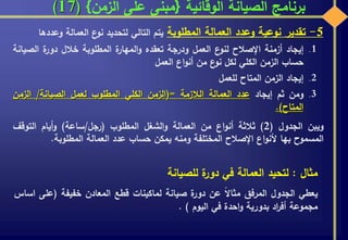 ‫الوقائية‬ ‫الصيانة‬ ‫برنامج‬{‫الزمن‬ ‫على‬ ‫مبنى‬}(17)
5-‫تقدير‬‫نوعية‬‫وعدد‬‫العمالة‬‫المطلوبة‬‫يتم‬‫التالي‬‫لتحديد‬‫ع‬‫نو‬‫العمالة‬‫وعد‬‫دها‬
.1‫إيجاد‬‫أزمنة‬‫اإلصالح‬‫ع‬‫لنو‬‫العمل‬‫ودرجة‬‫تعقده‬‫ة‬‫المهار‬‫و‬‫المطلوبة‬‫خالل‬‫ة‬‫دور‬‫الص‬‫يانة‬
‫حساب‬‫الزمن‬‫الكلي‬‫لكل‬‫ع‬‫نو‬‫من‬‫اع‬‫و‬‫أن‬‫العمل‬
.2‫إيجاد‬‫الزمن‬‫المتاح‬‫للعمل‬
.3‫ومن‬‫ثم‬‫إيجاد‬‫عدد‬‫العمالة‬‫الالزمة‬(=‫الزمن‬‫الكلي‬‫المطلوب‬‫لعمل‬‫الصيانة‬/‫الزمن‬
‫المتاح‬).
‫ويبن‬‫الجدول‬(2)‫ثالثة‬‫اع‬‫و‬‫أن‬‫من‬‫العمالة‬‫الشغل‬‫و‬‫المطلوب‬(‫رجل‬/‫ساعة‬)‫أيام‬‫و‬‫التوقف‬
‫المسموح‬‫بها‬‫اع‬‫و‬‫ألن‬‫اإلصالح‬‫المختلفة‬‫ومنه‬‫يمكن‬‫حساب‬‫عدد‬‫العمالة‬‫المطلوبة‬.
‫مثال‬:‫لتحيد‬‫العمالة‬‫في‬‫ة‬‫دور‬‫للصيانة‬
‫يعطي‬‫الجدول‬‫المرفق‬‫مثاال‬‫عن‬‫ة‬‫دور‬‫صيانة‬‫لماكينات‬‫قطع‬‫المعادن‬‫خفيفة‬(‫على‬‫اساس‬
‫مجموعة‬‫اد‬‫ر‬‫أف‬‫بدورية‬‫احدة‬‫و‬‫في‬‫اليوم‬).
 