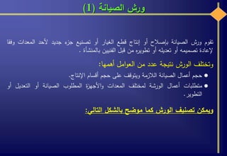 ‫الصيانة‬ ‫ورش‬(1)
‫تقوم‬‫ورش‬‫الصيانة‬‫بإصالح‬‫أو‬‫إنتاج‬‫قطع‬‫الغيار‬‫أو‬‫تصنيع‬‫ء‬‫جز‬‫جديد‬‫ألحد‬‫المعدات‬‫وفقا‬
‫إلعادة‬‫تصميمه‬‫أو‬‫تعديله‬‫أو‬‫ه‬‫ر‬‫تطوي‬‫من‬‫قبل‬‫الفنيين‬‫بالمنشأة‬.
‫وتختلف‬‫الورش‬‫نتيجة‬‫عدد‬‫من‬‫امل‬‫و‬‫الع‬‫أهمها‬:
‫حجم‬‫أعمال‬‫الصيانة‬‫الالزمة‬‫ويتوقف‬‫على‬‫حجم‬‫أقسام‬‫اإلنتاج‬.
‫متطلبات‬‫أعمال‬‫الورشة‬‫لمختلف‬‫المعدات‬‫ة‬‫ز‬‫األجه‬‫و‬‫المطلوب‬‫الصيانة‬‫أو‬‫التعديل‬‫أ‬‫و‬
‫التطوير‬.
‫ويمكن‬‫تصنيف‬‫الورش‬‫كما‬‫موضح‬‫بالشكل‬‫التالي‬:
 