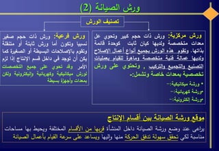 ‫الصيانة‬ ‫ورش‬(2)
‫ورش‬‫مركزية‬:‫ورش‬‫ذات‬‫حجم‬‫كبير‬‫وتحوي‬‫عل‬
‫معدات‬‫متخصصة‬‫ولديها‬‫كيان‬‫ثابت‬‫كوحدة‬‫قائمة‬
‫بذاتها‬.‫وتقوم‬‫هذه‬‫الورش‬‫بجميع‬‫اع‬‫و‬‫أن‬‫أعمال‬‫اإلص‬‫الح‬
‫ولديها‬‫عمالة‬‫فنية‬‫متخصصة‬‫ة‬‫وماهر‬‫للقيام‬‫بعمل‬‫يات‬
‫التصنيع‬‫التجميع‬‫و‬‫التركيب‬‫و‬,‫وتحتوي‬‫على‬‫و‬‫رش‬
‫تخصصية‬‫بمعدات‬‫خاصة‬‫وتشمل‬:-
•‫ورشة‬‫ميكانيكية‬:-
•‫ورشة‬‫كهربائية‬:-
•‫ورشة‬‫إلكترونية‬:-
‫ورش‬‫فرعية‬:‫ورش‬‫ذات‬‫حجم‬‫صغير‬
‫نسبيا‬‫وتكون‬‫أما‬‫ورش‬‫ثابتة‬‫أو‬‫متنقل‬‫ة‬
‫وتقوم‬‫باإلصالحات‬‫البسيطة‬‫أو‬‫الصغي‬‫ة‬‫ر‬‫كما‬
‫يكن‬‫أن‬‫توجد‬‫في‬‫داخل‬‫قسم‬‫اإلنتاج‬‫إذا‬‫ل‬‫زم‬
‫األمر‬‫وقد‬‫تحوي‬‫على‬‫جميع‬‫التخصصات‬
‫لورش‬‫ميكانيكية‬‫وكهربائية‬‫ليكتروني‬‫ا‬‫و‬‫ة‬‫ولكن‬
‫بمعدات‬‫ة‬‫أجهز‬‫و‬‫بسيطة‬
‫الورش‬ ‫تصنيف‬
‫موقع‬‫ورشة‬‫الصيانة‬‫بين‬‫أقسام‬‫اإلنتاج‬
‫اعى‬‫ر‬‫ي‬‫عند‬‫وضع‬‫ورشة‬‫الصيانة‬‫داخل‬‫المنشأة‬‫بها‬‫ر‬‫ق‬‫من‬‫األقسام‬‫المختلفة‬‫ويحيط‬‫ب‬‫ها‬‫مساحات‬
‫مناسبة‬‫لكي‬‫تحقق‬‫سهولة‬‫تدفق‬‫الحركة‬‫منها‬‫ليها‬‫ا‬‫و‬‫ويساعد‬‫على‬‫عة‬‫سر‬‫القيام‬‫بأع‬‫مال‬‫الصيانة‬
 