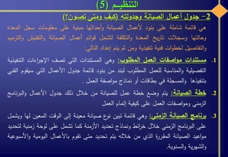 ‫التنظيـــم‬(5)
2-‫جدول‬‫أعمال‬‫الصيانة‬‫وجدولته‬(‫كيف‬‫ومتى‬‫تصـون؟‬)
‫هي‬‫قائمة‬‫شاملة‬‫على‬‫بنود‬‫ألعمال‬‫الصيانة‬‫أحداثها‬‫و‬‫مبنية‬‫على‬‫معلومات‬‫سجل‬‫الم‬‫عدة‬
‫وحالتها‬‫وسجالت‬‫يخ‬‫ر‬‫تا‬‫المعدة‬‫التكلفة‬‫و‬‫لتشمل‬‫ائم‬‫و‬‫ق‬‫أعمال‬‫الصيانة‬‫التفتي‬‫و‬‫ش‬‫الترميم‬‫و‬
‫التفاصيل‬‫و‬‫ات‬‫و‬‫لخط‬‫فنية‬‫تنفيذية‬‫ومن‬‫ثم‬‫يتم‬‫إعداد‬‫التالي‬:
.1‫مستندات‬‫اصفات‬‫و‬‫م‬‫العمل‬‫المطلوب‬:‫وهي‬‫المستندات‬‫التي‬‫تصف‬‫اءات‬‫ر‬‫اإلج‬‫التنفيذ‬‫ية‬
‫التفصيلية‬‫المناسبة‬‫و‬‫للعمل‬‫المطلوب‬‫لبند‬‫من‬‫بنود‬‫قائمة‬‫جدول‬‫األعمال‬‫التي‬‫س‬‫يقوم‬‫الفني‬
‫بتنفيذها‬‫المسجلة‬‫و‬‫في‬‫بطاقات‬‫أو‬‫نماذج‬‫اصفة‬‫و‬‫م‬‫العمل‬.
.2‫خطة‬‫الصيانة‬:‫يتم‬‫وضع‬‫خطة‬‫عمل‬‫للصيانة‬‫من‬‫خالل‬‫ذلك‬‫جدول‬‫األعمال‬‫نامج‬‫ر‬‫الب‬‫و‬
‫الزمني‬‫اصفات‬‫و‬‫وم‬‫العمل‬‫على‬‫كيفية‬‫إتمام‬‫العمل‬
.3‫برنامج‬‫الصيانة‬‫الزمني‬:‫وهي‬‫قائمة‬‫تبين‬‫ع‬‫نو‬‫صيانة‬‫معينة‬‫إلى‬‫الوقت‬‫المعين‬‫لها‬‫و‬‫يشمل‬
‫على‬‫نامج‬‫ر‬‫الب‬‫الزمني‬‫خالل‬‫ائط‬‫ر‬‫خ‬‫ونماذج‬‫تحديد‬‫األزمنة‬‫كما‬‫تشمل‬‫على‬‫لوحة‬‫زمني‬‫ة‬‫لتحديد‬
‫اعيد‬‫و‬‫م‬‫الصيانة‬‫ة‬‫ر‬‫ـر‬‫ق‬‫الم‬‫الذي‬‫من‬‫خالله‬‫يتم‬‫تحديد‬‫متى‬‫تقوم‬‫باألعمال‬‫اليومية‬‫و‬‫األسبوعية‬
‫ية‬‫ر‬‫الشه‬‫و‬‫ـنوية‬‫س‬‫ال‬‫و‬.
 