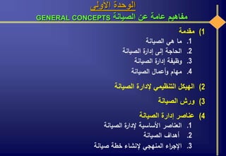 ‫األولى‬ ‫الوحدة‬
‫الصيانة‬ ‫عن‬ ‫عامة‬ ‫مفاهيم‬GENERAL CONCEPTS
(1‫مقدمة‬
.1‫الصيانة‬ ‫هي‬ ‫ما‬
.2‫الصيانة‬ ‫ة‬‫إدار‬ ‫إلى‬ ‫الحاجة‬
.3‫الصيانة‬ ‫ة‬‫إدار‬ ‫وظيفة‬
.4‫الصيانة‬ ‫أعمال‬‫و‬ ‫مهام‬
(2‫الصيانة‬ ‫إلدارة‬ ‫التنظيمي‬ ‫الهيكل‬
(3‫الصيانة‬ ‫ورش‬
(4‫الصيانة‬ ‫إدارة‬ ‫عناصر‬
.1‫الصيانة‬ ‫ة‬‫إلدار‬ ‫األساسية‬ ‫العناصر‬
.2‫الصيانة‬ ‫أهداف‬
.3‫صيانة‬ ‫خطة‬ ‫إلنشاء‬ ‫المنهجي‬ ‫اء‬‫ر‬‫اإلج‬
 