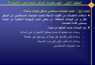 ‫األولى‬ ‫الخطوة‬:‫التشغيل‬ ‫الخصائص‬‫و‬ ‫المرفق‬ ‫مكونات‬ ‫فهم‬(3)
‫اء‬‫ر‬‫اإلج‬(‫ج‬):‫تحديد‬‫احتياجات‬‫مستخدمي‬‫المرفق‬‫اءه‬‫ز‬‫أج‬‫و‬‫ومعداته‬
‫استخدام‬‫المعلومات‬‫من‬‫ات‬‫ر‬‫الفق‬‫السابقة‬‫لتحديد‬‫احتياجات‬‫المستخدمين‬‫من‬‫ا‬‫لمرفق‬
‫ككل‬‫و‬‫من‬‫الوحدات‬،‫المختلفة‬‫أي‬‫بمعنى‬‫تحديد‬‫الوجودية‬‫المطلوبة‬‫من‬‫الوحدة‬
‫ومستوى‬‫كفاءة‬‫الخدمات‬.
‫رتب‬‫الوحدات‬‫حسب‬‫أهميتها‬‫من‬‫حيث‬:
‫وحدات‬‫عند‬‫تعطلها‬‫قد‬‫تحدث‬‫مخاطر‬‫التشغيل‬‫أو‬‫على‬‫السالمة‬
‫وحدات‬‫تكون‬‫كفاءتها‬‫غير‬‫جيدة‬‫أو‬‫وجوديتها‬‫غير‬‫مطمئنة‬
‫وحدات‬‫ذات‬‫طلب‬‫عالي‬‫على‬‫مورد‬‫الصيانة‬
‫حدد‬‫احتياجات‬‫المستخدمين‬
 