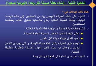 ‫الثانية‬ ‫الخطوة‬:‫وحدة‬ ‫لكل‬ ‫صيانة‬ ‫خطة‬ ‫إنشاء‬(‫صعودا‬ ‫الهرمية‬)
‫هناك‬‫ثالث‬‫اءات‬‫ر‬‫إج‬‫هي‬:-
‫أ‬‫التعرف‬‫على‬‫خطط‬‫الصيانة‬‫الموصى‬‫بها‬‫من‬‫المصنعين‬(‫في‬‫حالة‬‫الوحدا‬‫ت‬
‫الجديدة‬)‫وخطة‬‫الصيانة‬‫الحالية‬‫ومدى‬‫مالءمتها‬‫لتحقيق‬‫أهداف‬‫ومتطلبات‬
‫المستخدمين‬
‫ب‬‫إنشاء‬‫خطة‬‫صيانة‬‫جديدة‬‫أو‬‫اجعة‬‫ر‬‫م‬‫خطة‬‫الصيانة‬‫الحالية‬
‫تحليل‬‫الوحدة‬‫لتحديد‬‫العناصر‬‫المسببة‬‫للحاجة‬‫للصيانة‬.
‫تحديد‬‫أفضل‬‫طريقة‬‫صيانة‬‫لكل‬‫عنصر‬.
‫تجميع‬‫طرق‬‫الصيانة‬‫بشكل‬‫خطة‬‫صيانة‬،‫للوحدة‬‫و‬‫التي‬‫يجب‬‫أن‬‫ت‬‫تضمن‬
‫تعريف‬‫باألعمال‬‫من‬‫حيث‬‫ار‬‫ر‬‫التك‬‫ارد‬‫و‬‫وم‬‫الصيانة‬‫المطلوبة‬‫الطريق‬‫و‬‫ة‬
‫المتبعة‬.
‫ج‬‫التعرف‬‫على‬‫مدى‬‫الحاجة‬‫إلى‬‫قطع‬‫الغيار‬‫لكل‬‫وحدة‬
 