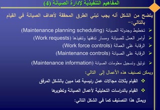 ‫الصيانة‬ ‫إلدارة‬ ‫التنفيذية‬ ‫المفاهيم‬(4)
‫يتضح‬‫من‬‫الشكل‬‫أنه‬‫يجب‬‫تبني‬‫الطرق‬‫المحققة‬‫ألهداف‬‫الصيانة‬‫في‬‫ا‬‫لقيام‬
‫بالتالي‬:-
‫تخطيط‬‫وجدولة‬‫الصيانة‬(Maintenance planning scheduling)
‫امر‬‫و‬‫أ‬‫العمل‬‫للصيانة‬‫ومسار‬‫تدفقها‬‫وتنفيذها‬(Work requests)
‫قابة‬‫ر‬‫ال‬‫غلى‬‫العمالة‬(Work force controls)
‫قابة‬‫ر‬‫ال‬‫على‬‫الصيانة‬(Maintenance controls)
‫توثيق‬‫وتسجيل‬‫معلومات‬‫الصيانة‬(Maintenance information)
‫ويمكن‬‫تصنيف‬‫هذه‬‫األعمال‬‫إلى‬‫التالي‬:
‫القيام‬‫بثالث‬‫مجاالت‬‫عمل‬‫رئيسية‬‫كما‬‫مبين‬‫بالشكل‬‫المرفق‬
‫القيام‬‫اسات‬‫ر‬‫بالد‬‫التحليلية‬‫ألعمال‬‫الصيانة‬‫ها‬‫وتطوير‬
‫ويمثل‬‫هذا‬‫التصنيف‬‫كما‬‫في‬‫الشكل‬‫التالي‬:
 