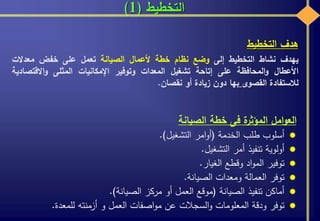 ‫التخطيط‬(1)
‫امل‬‫و‬‫الع‬‫ة‬‫المؤثر‬‫فى‬‫خطة‬‫الصيانة‬
‫أسلوب‬‫طلب‬‫الخدمة‬(‫امر‬‫و‬‫أ‬‫التشغيل‬).
‫أولوية‬‫تنفيذ‬‫أمر‬‫التشغيل‬.
‫توفير‬‫اد‬‫و‬‫الم‬‫وقطع‬‫الغيار‬.
‫توفر‬‫العمالة‬‫ومعدات‬‫الصيانة‬.
‫أماكن‬‫تنفيذ‬‫الصيانة‬(‫موقع‬‫العمل‬‫أو‬‫مركز‬‫الصيانة‬).
‫توفر‬‫ودقة‬‫المعلومات‬‫السجالت‬‫و‬‫عن‬‫اصفات‬‫و‬‫م‬‫العمل‬‫و‬‫أزمنته‬‫للمعدة‬.
‫هدف‬‫التخطيط‬
‫يهدف‬‫نشاط‬‫التخطيط‬‫إلى‬‫وضع‬‫نظام‬‫خطة‬‫ألعمال‬‫الصيانة‬‫تعمل‬‫على‬‫خفض‬‫معدالت‬
‫األعطال‬‫المحافظة‬‫و‬‫على‬‫إتاحة‬‫تشغيل‬‫المعدات‬‫وتوفير‬‫اإلمكانيات‬‫المثلى‬‫االقتص‬‫و‬‫ادية‬
‫لالستفادة‬‫القصوى‬‫بها‬‫دون‬‫زيادة‬‫أو‬‫نقصان‬.
 