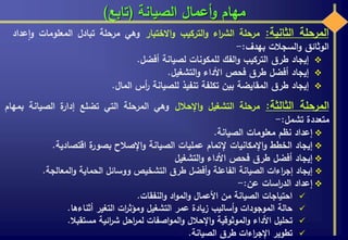 ‫الصيانة‬ ‫أعمال‬‫و‬ ‫مهام‬(‫تابع‬)
‫المرحلة‬‫الثانية‬:‫مرحلة‬‫اء‬‫ر‬‫الش‬‫التركيب‬‫و‬‫االختبار‬‫و‬‫وهي‬‫مرحلة‬‫تبادل‬‫المعلومات‬‫و‬‫عداد‬‫ا‬
‫الوثائق‬‫السجالت‬‫و‬‫بهدف‬:-
‫إيجاد‬‫طرق‬‫التركيب‬‫الفك‬‫و‬‫للمكونات‬‫لصيانة‬‫أفضل‬.
‫إيجاد‬‫أفضل‬‫طرق‬‫فحص‬‫األداء‬‫التشغيل‬‫و‬.
‫إيجاد‬‫طرق‬‫المقايضة‬‫بين‬‫تكلفة‬‫تنفيذ‬‫للصيانة‬‫أس‬‫ر‬‫المال‬.
‫المرحلة‬‫الثالثة‬:‫مرحلة‬‫التشغيل‬‫اإلحالل‬‫و‬‫وهي‬‫المرحلة‬‫التي‬‫تضلع‬‫ة‬‫إدار‬‫الصيانة‬‫ب‬‫مهام‬
‫متعددة‬‫تشمل‬:-
‫إعداد‬‫نظم‬‫معلومات‬‫الصيانة‬.
‫إيجاد‬‫الخطط‬‫اإلمكانيات‬‫و‬‫إلتمام‬‫عمليات‬‫الصيانة‬‫اإلصالح‬‫و‬‫ة‬‫بصور‬‫اقتصادية‬.
‫إيجاد‬‫أفضل‬‫طرق‬‫فحص‬‫األداء‬‫التشغيل‬‫و‬
‫إيجاد‬‫اءات‬‫ر‬‫إج‬‫الصيانة‬‫الفاعلة‬‫أفضل‬‫و‬‫طرق‬‫التشخيص‬‫ووسائل‬‫الحماية‬‫المعالجة‬‫و‬.
‫إعداد‬‫اسات‬‫ر‬‫الد‬‫عن‬:-
‫احتياجات‬‫الصيانة‬‫من‬‫األعمال‬‫اد‬‫و‬‫الم‬‫و‬‫النفقات‬‫و‬.
‫حالة‬‫الموجودات‬‫أساليب‬‫و‬‫زيادة‬‫عمر‬‫التشغيل‬‫ات‬‫ر‬‫ومؤث‬‫التغير‬‫أثناءها‬.
‫تحليل‬‫األداء‬‫الموثوقية‬‫و‬‫اإلحالل‬‫و‬‫اصفات‬‫و‬‫الم‬‫و‬‫احل‬‫ر‬‫لم‬‫ائية‬‫ر‬‫ش‬‫مستقبال‬.
‫تطوير‬‫اءات‬‫ر‬‫اإلج‬‫طرق‬‫الصيانة‬.
 