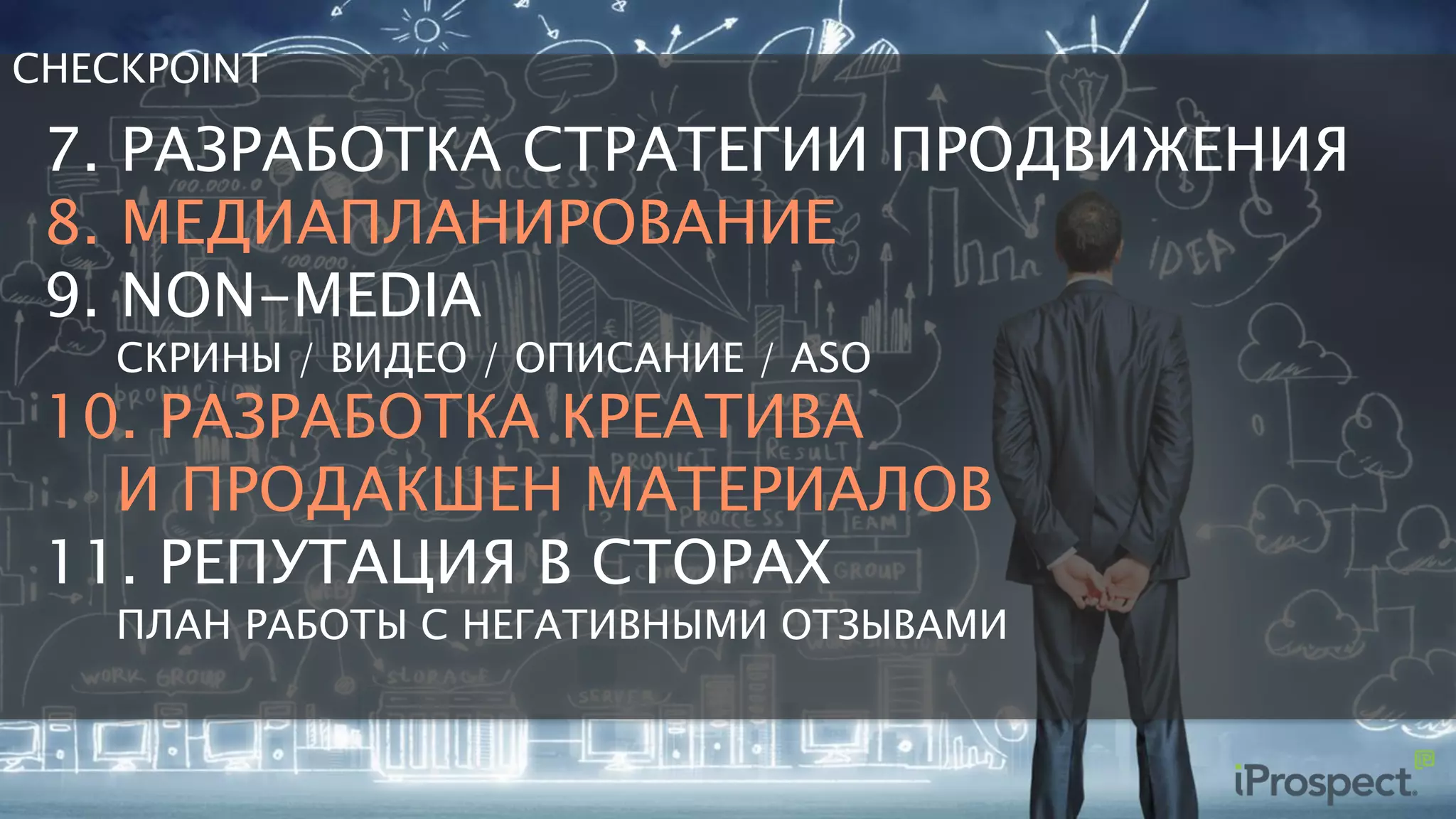 CHECKPOINT
7. РАЗРАБОТКА СТРАТЕГИИ ПРОДВИЖЕНИЯ
8. МЕДИАПЛАНИРОВАНИЕ
9. NON-MEDIA
СКРИНЫ / ВИДЕО / ОПИСАНИЕ / ASO
10. РАЗРАБОТКА КРЕАТИВА
И ПРОДАКШЕН МАТЕРИАЛОВ
11. РЕПУТАЦИЯ В СТОРАХ
ПЛАН РАБОТЫ С НЕГАТИВНЫМИ ОТЗЫВАМИ
 