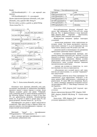 4
blende:
VPC(hornblende)(sb1) = 0 - для верхней диа-
граммы,
VPC(hornblende)(sb1) > 0 - для нижней.
Дадим определение функции ultramafic_rock_type:
ultramafic_rock_type(sb1:SB) :String ≝
Var root_name, q_name, q_garnet, q_spinel:String
<Блок-схема Рис. 3>.
Рис. 3 – Блок-схема ultramafic_rock_type
Основную часть функции ultramafic_rock_type,
составляют инструкции по добавлению квалифика-
ционного имени к имени породы в случае, когда
образец содержит garnet или spinel: "Ultramafic
rocks containing garnet or spinel should be qualified in
the following manner. If garnet or spinel is less than
5% use garnet-bearing peridotite, chromite-bearing
dunite etc. If garnet or spinel is greater than 5% use
garnet peridotite, chromite dunite etc." (p.29 [3]).
Квалификация для garnet и spinel определяется
независимо. При присутствии в образце обоих ми-
нералов порядок слов квалификации в термине - по
возрастающей концентраций.
Критерий "входа" в квалификацию:
VPC(garnet)(sb1) + VPC(spinel)(sb1) > 0
Далее указаны критерии квалификации и соот-
ветствующее добавляемое имя.
Таблица 1. Квалификационное имя
критерий имя
(VPC(garnet)(sb1)>0) and
(VPC(garnet)(sb1) < 5)
garnet-bearing_
(VPC(garnet)(sb1) ≥ 5) garnet_
(0<VPC(spinel)(sb1)) and
(VPC(spinel)(sb1) < 5)
chromite-bearing_
(VPC(spinel)(sb1) ≥ 5) chromite_
Классифицирующие функции ultramafic диа-
грамм. Две диаграммы Fig.2.9 [3] p.28 (см. также
[4]) (см. Рис 1) формализованы в виде функций:
OOC_diagram_field (верхний треугольник),
OPH_diagram_field (нижний треугольник).
Формализация диаграмм требует некоторых
уточнений:
- вычисления координат точек пересечения не-
которых линий. Так линии внутреннего треуголь-
ника имеют значение 5, т.к. в его вершинах это зна-
чение взятое дважды плюс 90 должно дать 100.
- решения какой из именованных зон диаграммы
принадлежит граничная линия ("граница").
Алгоритм классифицирующей функции диа-
граммы намеренно выполнен как "цепочка" if-узлов
каждый из которых "отвечает" за одну конкретную
именованную зону диаграммы. Каждое условие
представляет собой систему линейных неравенств.
Совокупность таких условий обладает важными
математическими свойствами:
- каждые два условия не совместны, т.к. соот-
ветствующие им зоны не пересекаются;
- объединение всех условий вместе даёт нера-
венства для треугольника, т.к. условия "накрывают"
весь треугольник.
Описанные свойства могут быть проверены "ав-
томатически", если определения "загрузить" в ма-
шину вывода (МВ), работающую с линейными не-
равенствами. И такие МВ есть (например, Racer),
т.к. запись линейных неравенств возможна исполь-
зуя расширение OWL 2 - Data Range Extension: Lin-
ear Equations.
Блок-схема OOC_diagram_field (верхний тре-
угольник).
Дадим определение функции OOC_diagram_field:
OOC_diagram_field(sb1:SB):String ≝ <Блок-схема
Рис. 4>
Блок-схема OPH_diagram_field (нижний тре-
угольник) приведена в отчёте [5].
 
