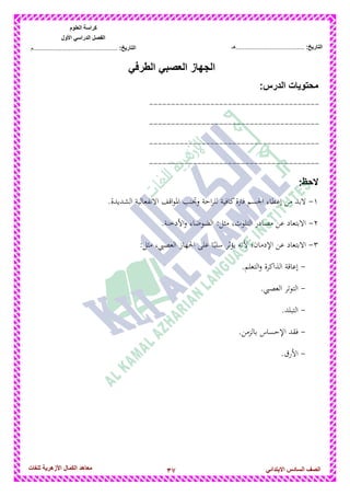 37‫للغات‬ ‫األزهرٌة‬ ‫الكمال‬ ‫معاهد‬ ‫الصف‬‫السادس‬ً‫االبتدائ‬
‫العلوم‬ ‫كراسة‬
‫األول‬ ً‫الدراس‬ ‫الفصل‬
:‫التارٌخ‬‫...............................................م‬ :‫التارٌخ‬................................‫......هـ‬
ً‫الطرف‬ ً‫العصب‬ ‫الجهاز‬
‫محتوٌات‬:‫الدرس‬
---------------------------------------
---------------------------------------
---------------------------------------
---------------------------------------
:‫الحظ‬
1-‫الب‬‫االنفعالية‬ ‫اقف‬‫و‬‫ادل‬ ‫وجتنب‬ ‫احة‬‫ر‬‫لل‬ ‫كافية‬‫فرتة‬ ‫اجلسم‬ ‫إعطاء‬ ‫من‬ ‫د‬‫الشديدة‬.
2-.‫األدخنة‬‫و‬ ‫الضوضاء‬ :‫مثل‬ ،‫التلوث‬ ‫مصادر‬ ‫عن‬ ‫االبتعاد‬
3-:‫مثل‬ ،‫العصيب‬ ‫اجلهاز‬ ‫على‬ ‫ا‬ً‫سلب‬ ‫يؤثر‬ ‫ألنو‬ ‫اإلدمان‬ ‫عن‬ ‫االبتعاد‬
-.‫التعلم‬‫و‬ ‫الذاكرة‬ ‫إعاقة‬
-.‫العصيب‬ ‫التوتر‬
-.‫التبلد‬
-‫اإلحساس‬ ‫فقد‬.‫بالزمن‬
-.‫األرق‬
 