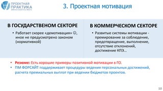 • Работает скорее «демотивация» ,
иное не предусмотрено законом
(нормативкой)
• Развитые системы мотивации -
премирование за соблюдение,
предотвращение, выполнение,
отсутствие отклонений,
достижение КПЭ…
• Резюме: Есть хорошие примеры позитивной мотивации в ГО.
• ПМ ФОРСАЙТ поддерживает процедуры ведения персональных достижений,
расчета премиальных выплат при ведении бюджетов проектов.
3. Проектная мотивация
10
В ГОСУДАРСТВЕНОМ СЕКТОРЕ В КОММЕРЧЕСКОМ СЕКТОРЕ
 