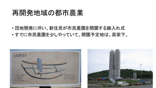 再開発地域の都市農業
• 団地開発に伴い、新住民が市民農園を開園する鍬入れ式
• すでに市民農園を少しやっていて、開園予定地は、高架下。
 